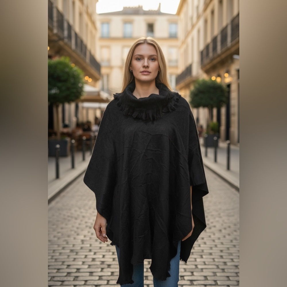 NWT Pokoloko Cowl Neck Poncho Shawl Black "Ink Tartan" One Size - Picture 2 of 14